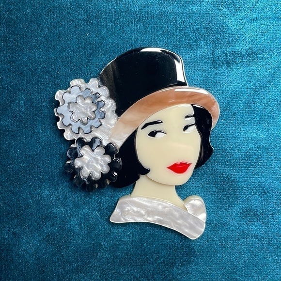 Source Unknown Jewelry - Acrylic Brooch woman with hat and flowers